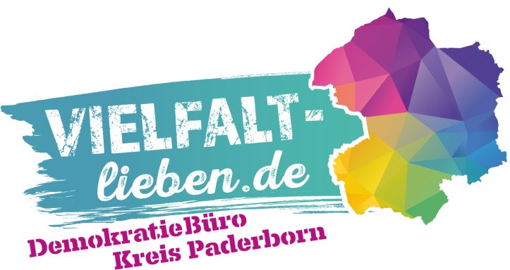Logo von Vielfalt-lieben.de mit bunten geometrischen Formen und dem Text „DemokratieBüro Kreis Paderborn“.