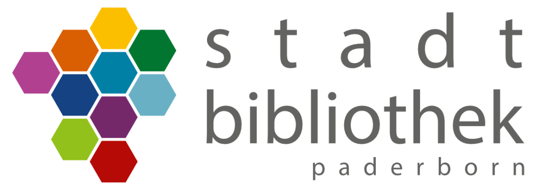Logo der Stadtbibliothek Paderborn mit bunten sechseckigen Mustern.
